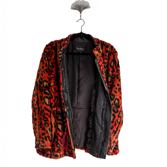Nicole Miller Red Leopard Faux Fur Anorak Jacket Zip Drawstring Waist - Size P - Picture 6 of 9